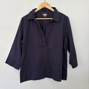 J. Jill Petite Navy Blue Cotton Silk Blend Collar V-Neck 3/4 Sleeve Top Size L